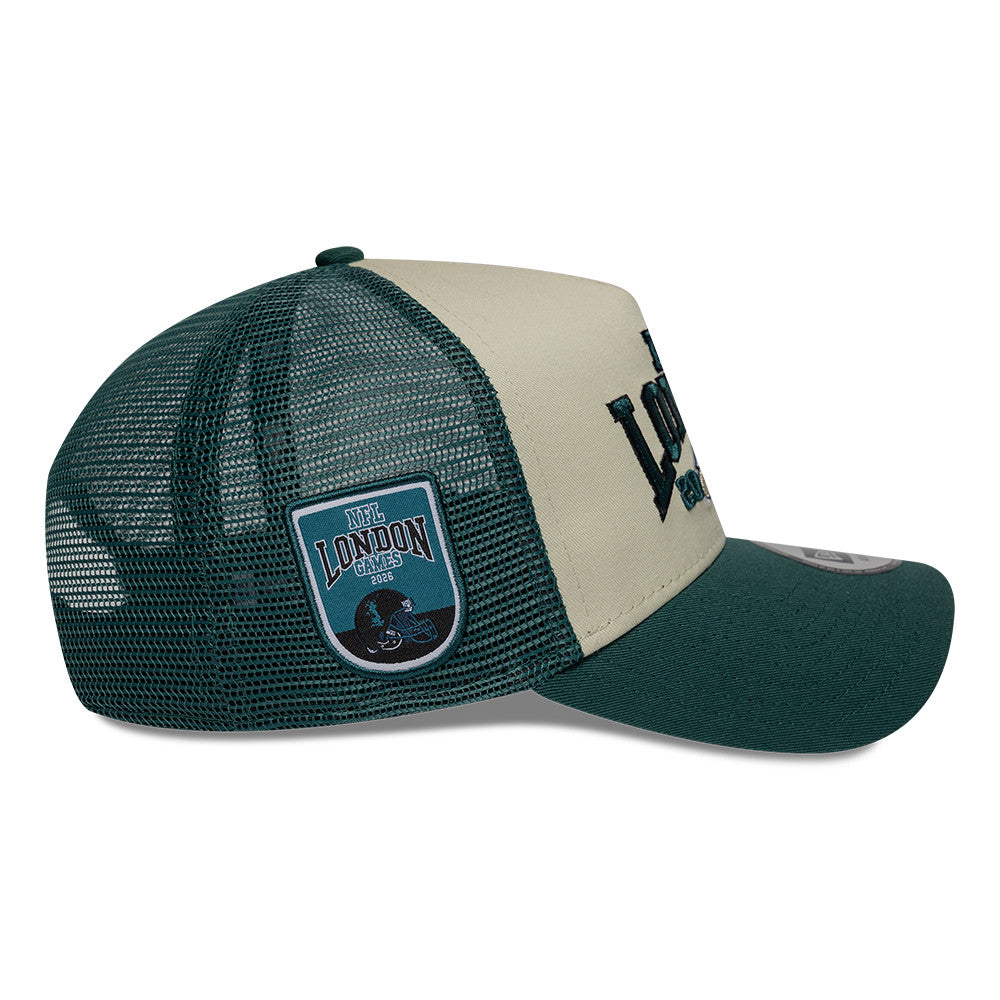 Philadelphia Eagles New Era 2026 London Game 9FORTY A-Frame Trucker NFL Cap Grün