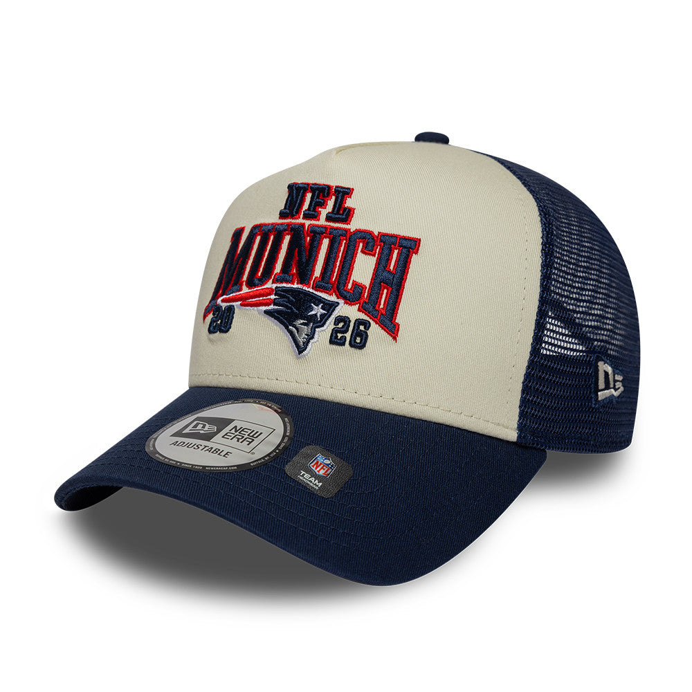 New England Patriots New Era 2026 München Game 9FORTY A-Frame Trucker NFL Cap Navy Blau