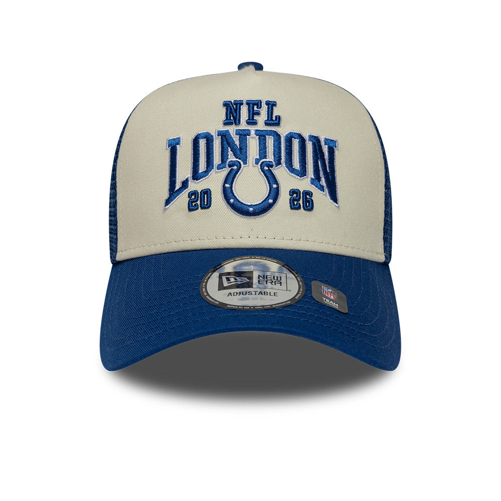 Indianapolis Colts New Era 2026 London Game 9FORTY A-Frame Trucker NFL Cap Blau