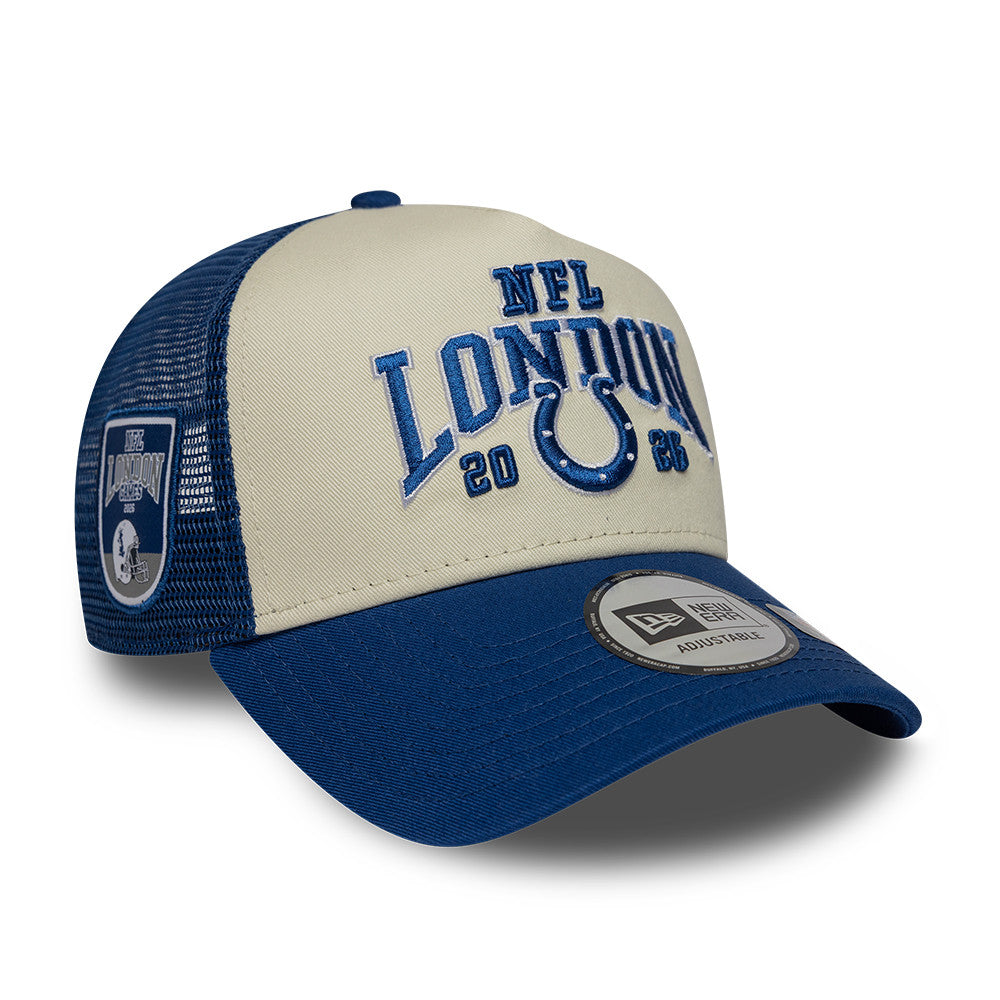 Indianapolis Colts New Era 2026 London Game 9FORTY A-Frame Trucker NFL Cap Blau