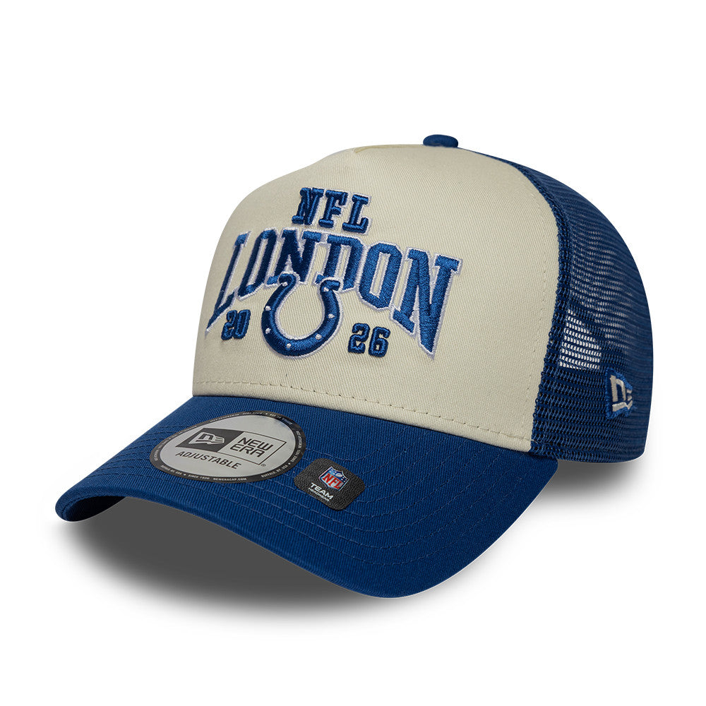 Indianapolis Colts New Era 2026 London Game 9FORTY A-Frame Trucker NFL Cap Blau