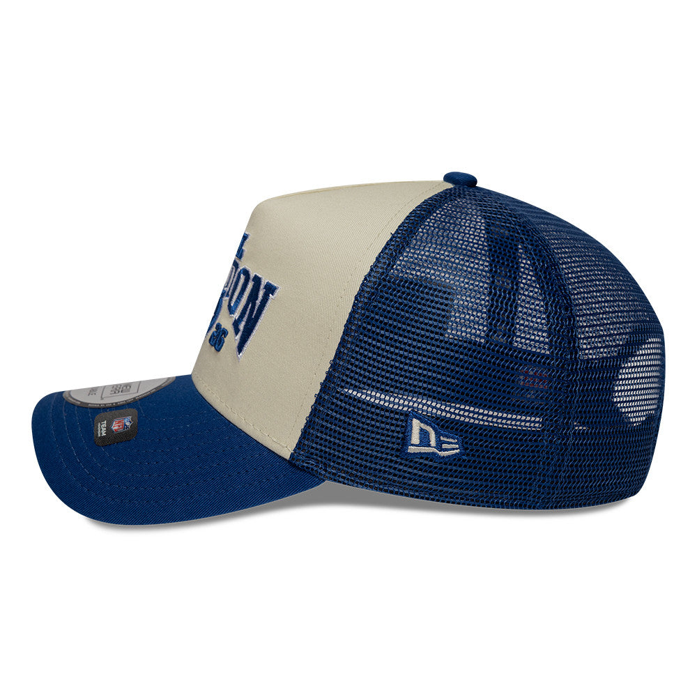 Indianapolis Colts New Era 2026 London Game 9FORTY A-Frame Trucker NFL Cap Blau