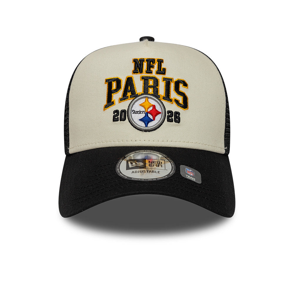 Pittsburgh Steelers New Era 2026 Paris Game 9FORTY A-Frame Trucker NFL Cap Schwarz