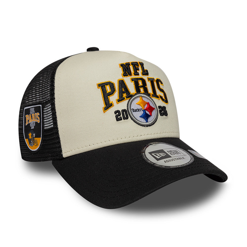 Pittsburgh Steelers New Era 2026 Paris Game 9FORTY A-Frame Trucker NFL Cap Schwarz