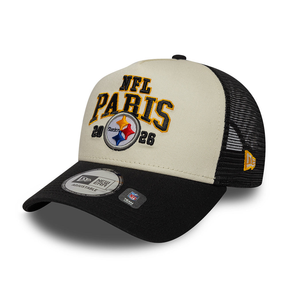 Pittsburgh Steelers New Era 2026 Paris Game 9FORTY A-Frame Trucker NFL Cap Schwarz
