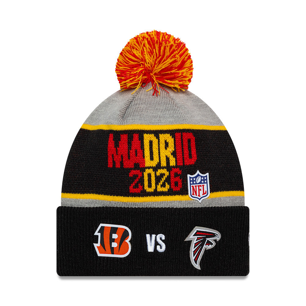 2026 Madrid Game Cincinnati Bengals VS. Atlanta Falcons New Era NFL Cuff Knit Beanie Schwarz