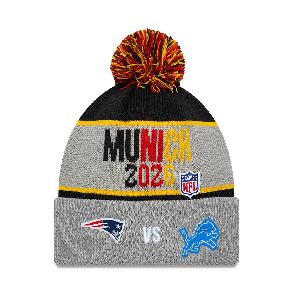 2026 München Game Detroit Lions VS. New England Patriots New Era NFL Cuff Knit Beanie Grau
