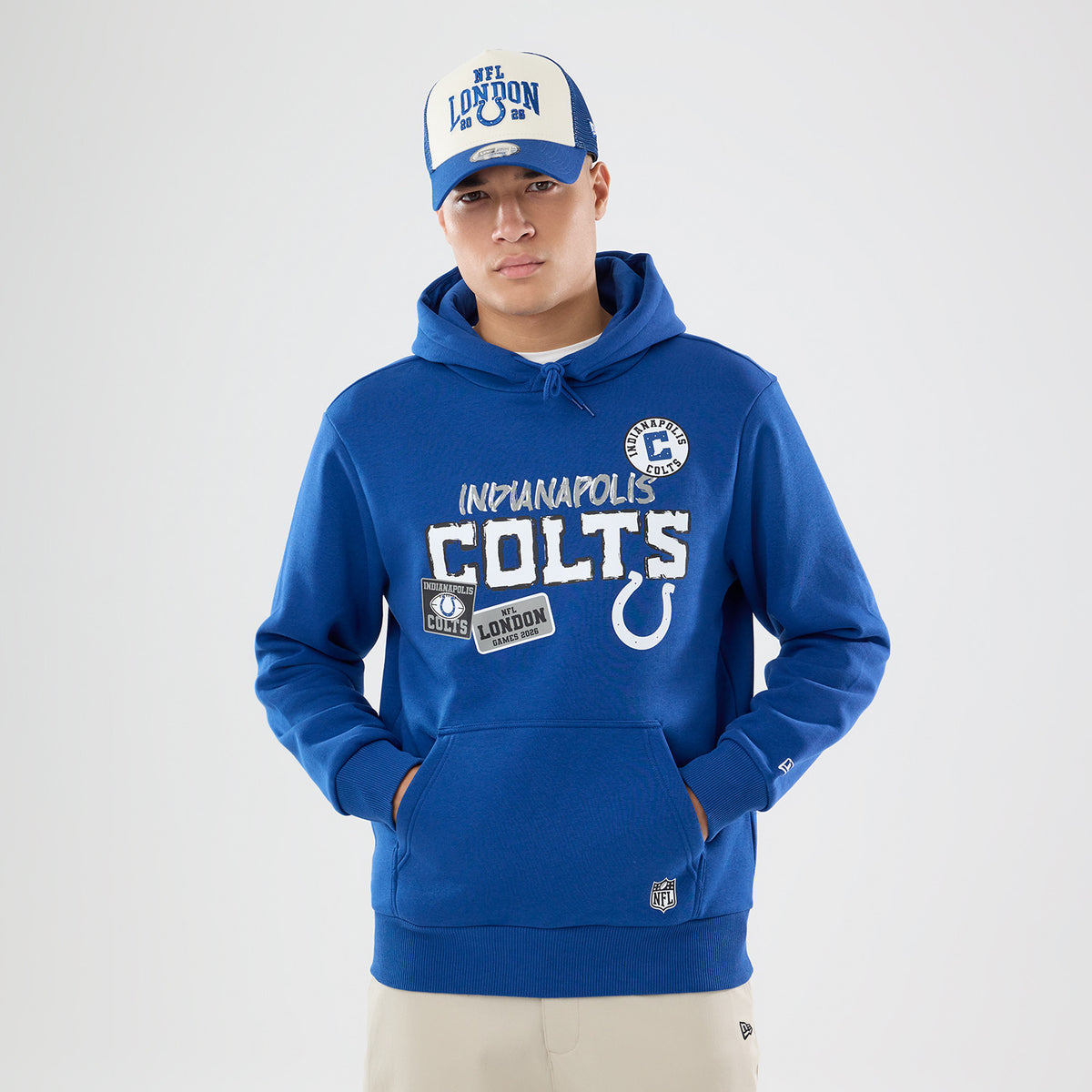 Neue Era Indianapolis Colts NFL Hoodie mit London Game Patches, blaue Kapuzenjacke für Fans, bequemer Sportswear