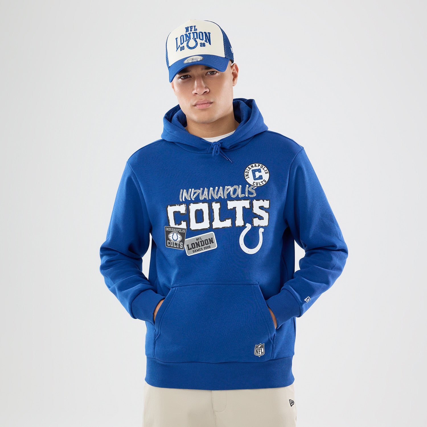 Indianapolis Colts New Era 2026 London Game Patches NFL Hoodie Blau