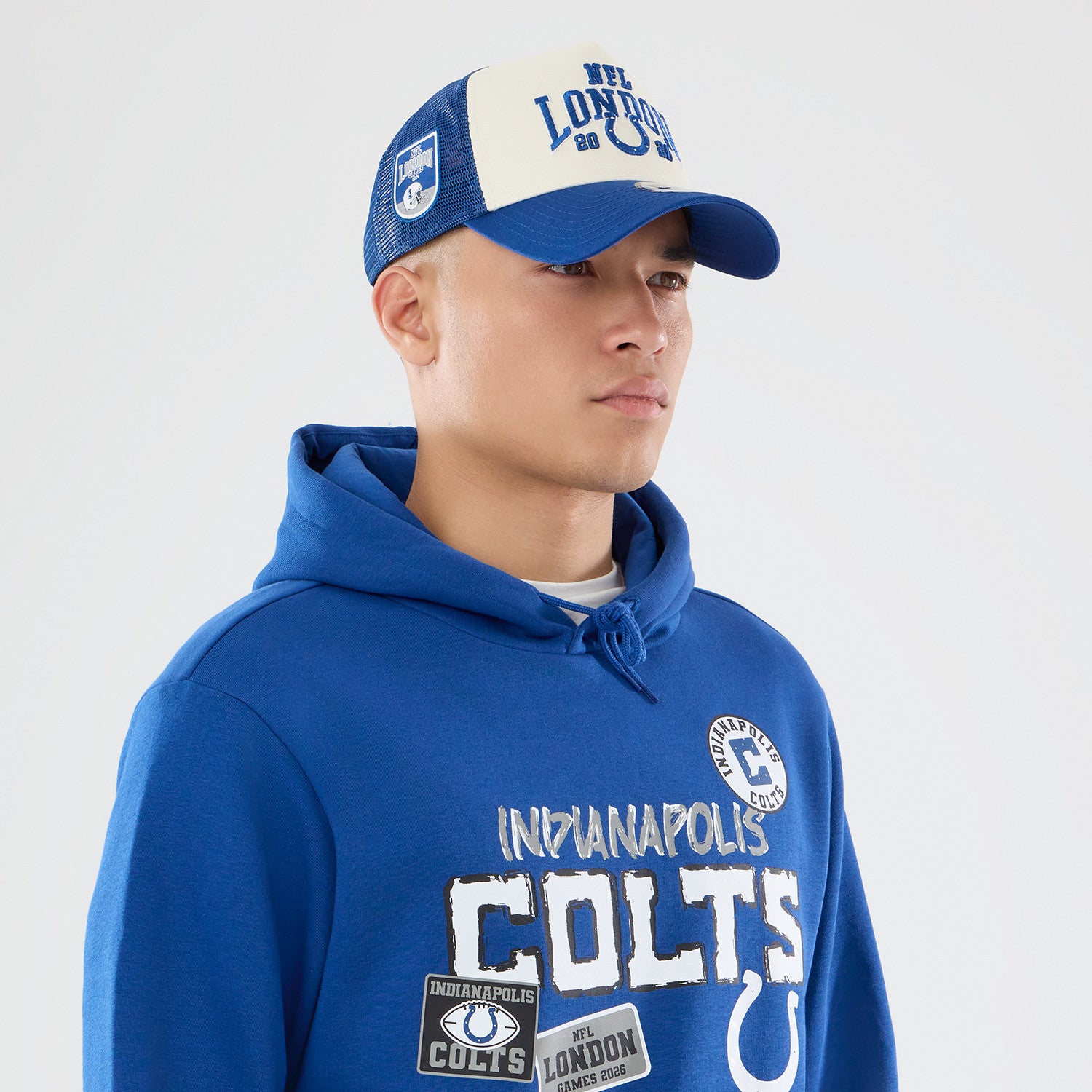 Indianapolis Colts New Era 2026 London Game Patches NFL Hoodie Blau