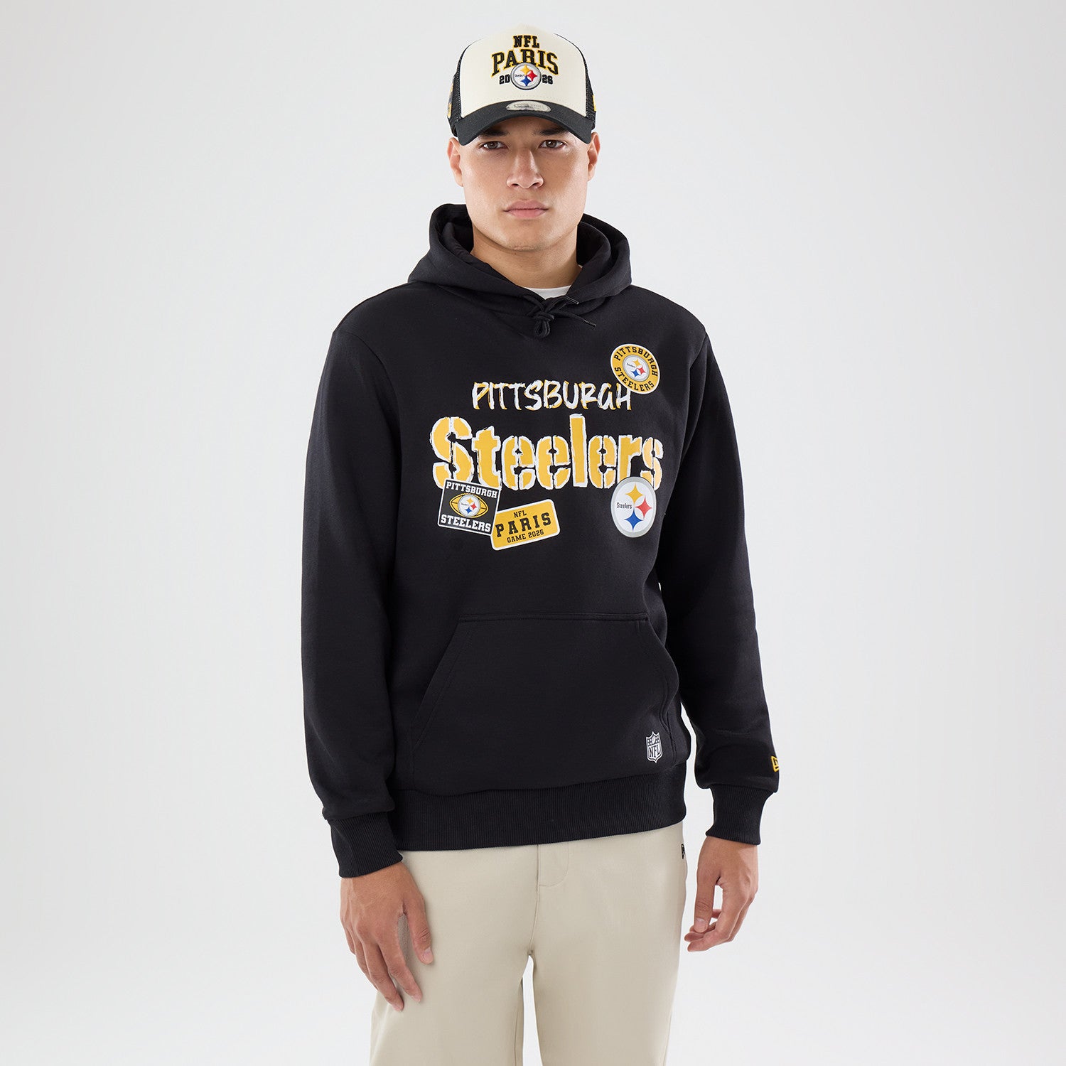 Pittsburgh Steelers New Era 2026 Paris Game Patches NFL Hoodie Schwarz