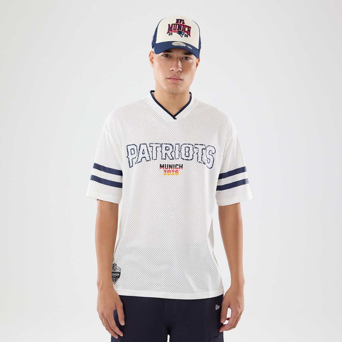 New England Patriots NFL Trikot von New Era in Navy Blau mit Rückendruck, Mesh-Design für Fans des 2026 München Spiels