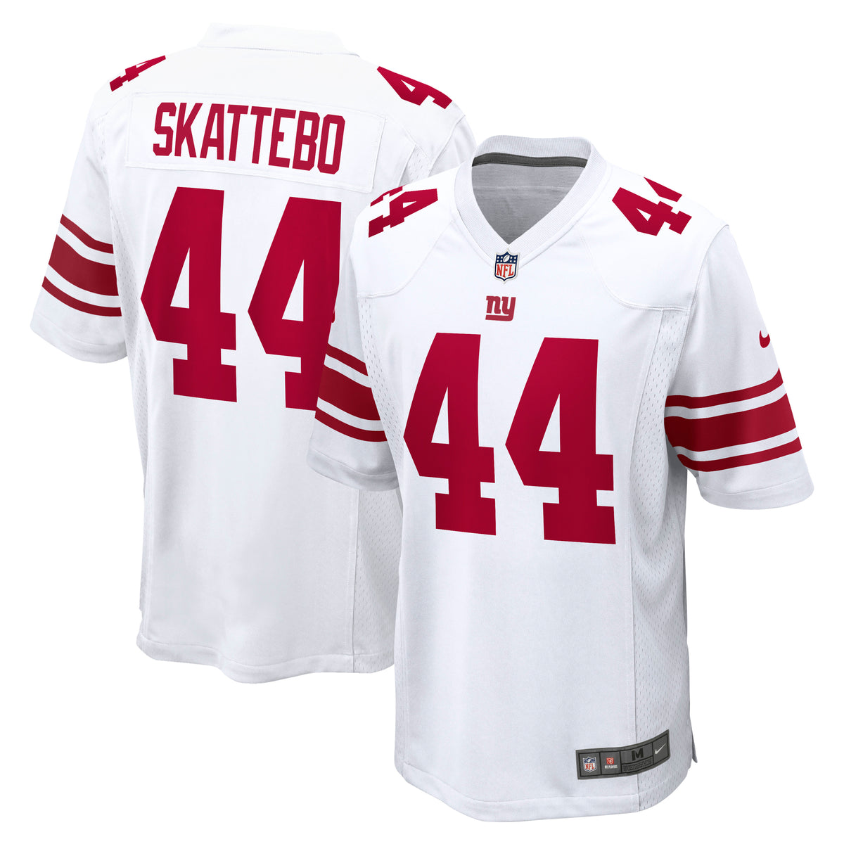 Weißes Nike NFL-Trikot der New York Giants, Cam Skattebo #44, Road Game Design, detailreiche Team- und Markenlogos sichtbar
