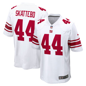 Weißes Nike NFL-Trikot der New York Giants, Cam Skattebo #44, Road Game Design, detailreiche Team- und Markenlogos sichtbar
