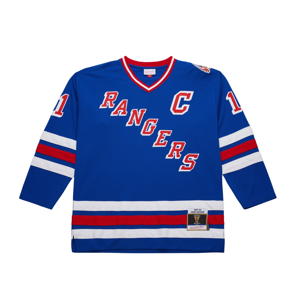 Mitchell & Ness Mark Messier #11 New York Rangers Power Play NHL-Trikot in Blau, 1993-94, mit Vereinswappen und Spielernummer.