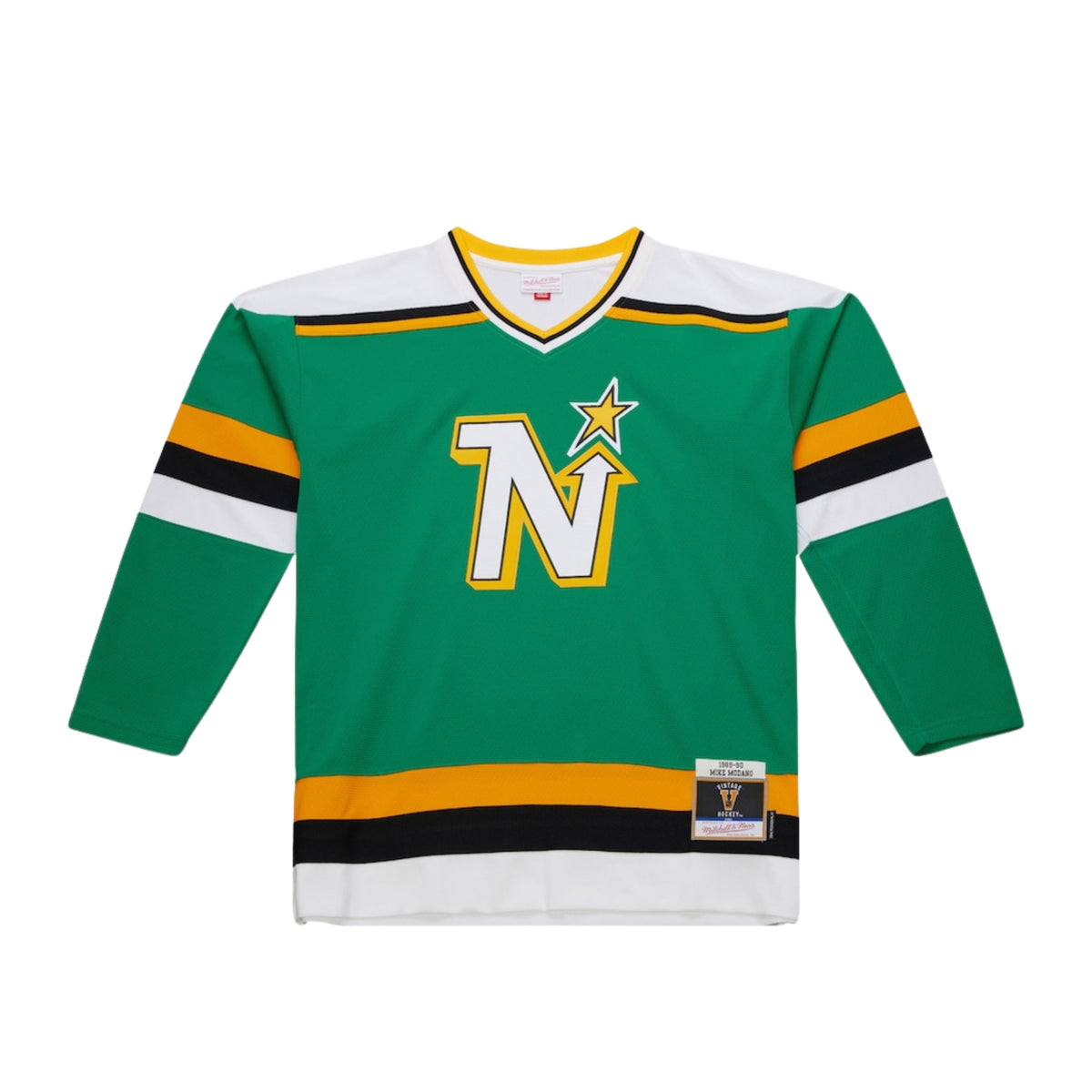 Minnesota North Stars Mike Modano NHL-Trikot von Mitchell & Ness, blau-grün, mit Team-Logo und Spielernummer, detailreiche Sportbekleidung