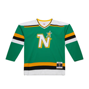Minnesota North Stars Mike Modano NHL-Trikot von Mitchell & Ness, blau-grün, mit Team-Logo und Spielernummer, detailreiche Sportbekleidung