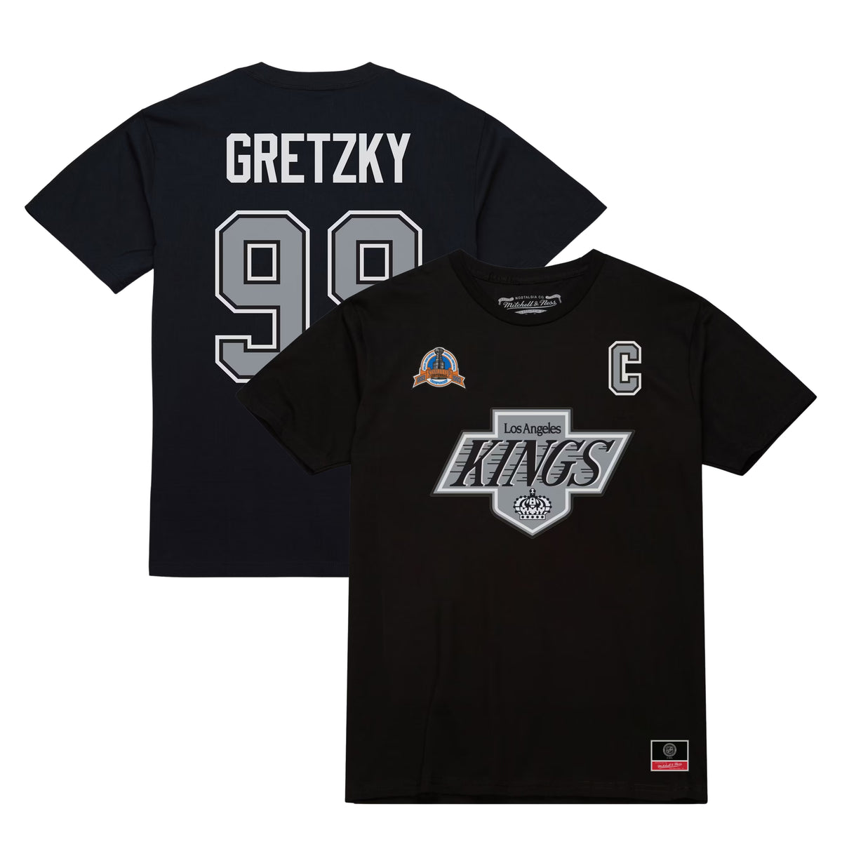 Schwarzes Mitchell & Ness NHL T-Shirt mit Wayne Gretzky #99 Los Angeles Kings Name und Nummer, sportliches Design