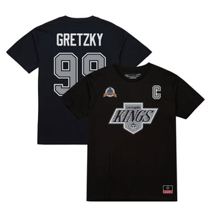 Schwarzes Mitchell & Ness NHL T-Shirt mit Wayne Gretzky #99 Los Angeles Kings Name und Nummer, sportliches Design