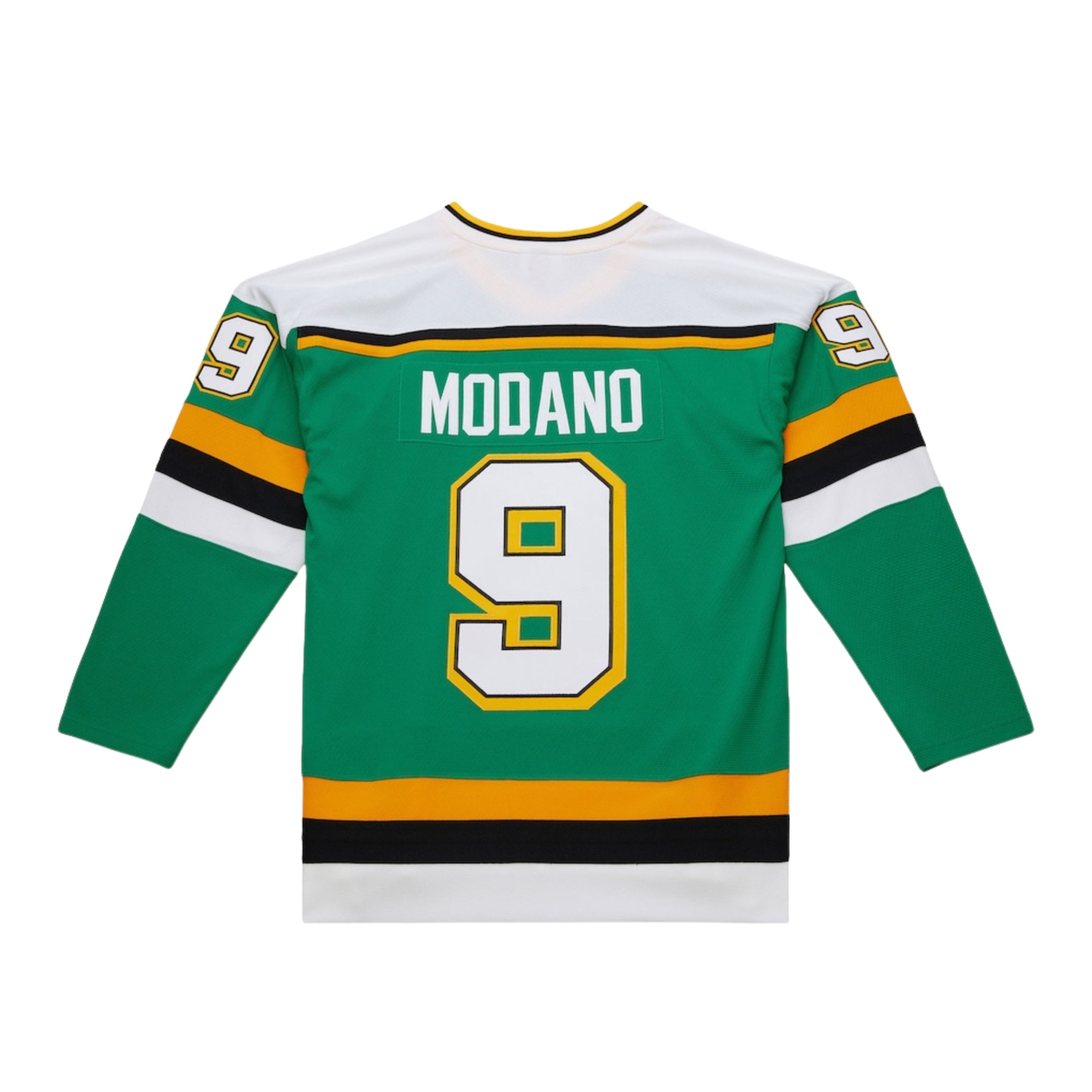 Minnesota North Stars Mike Modano NHL-Trikot von Mitchell & Ness, blaue Linie, 1989, grüner Stoff, detailreiche Stickerei