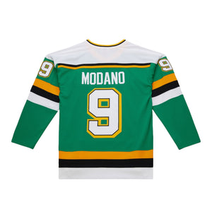 Minnesota North Stars Mike Modano NHL-Trikot von Mitchell & Ness, blaue Linie, 1989, grüner Stoff, detailreiche Stickerei