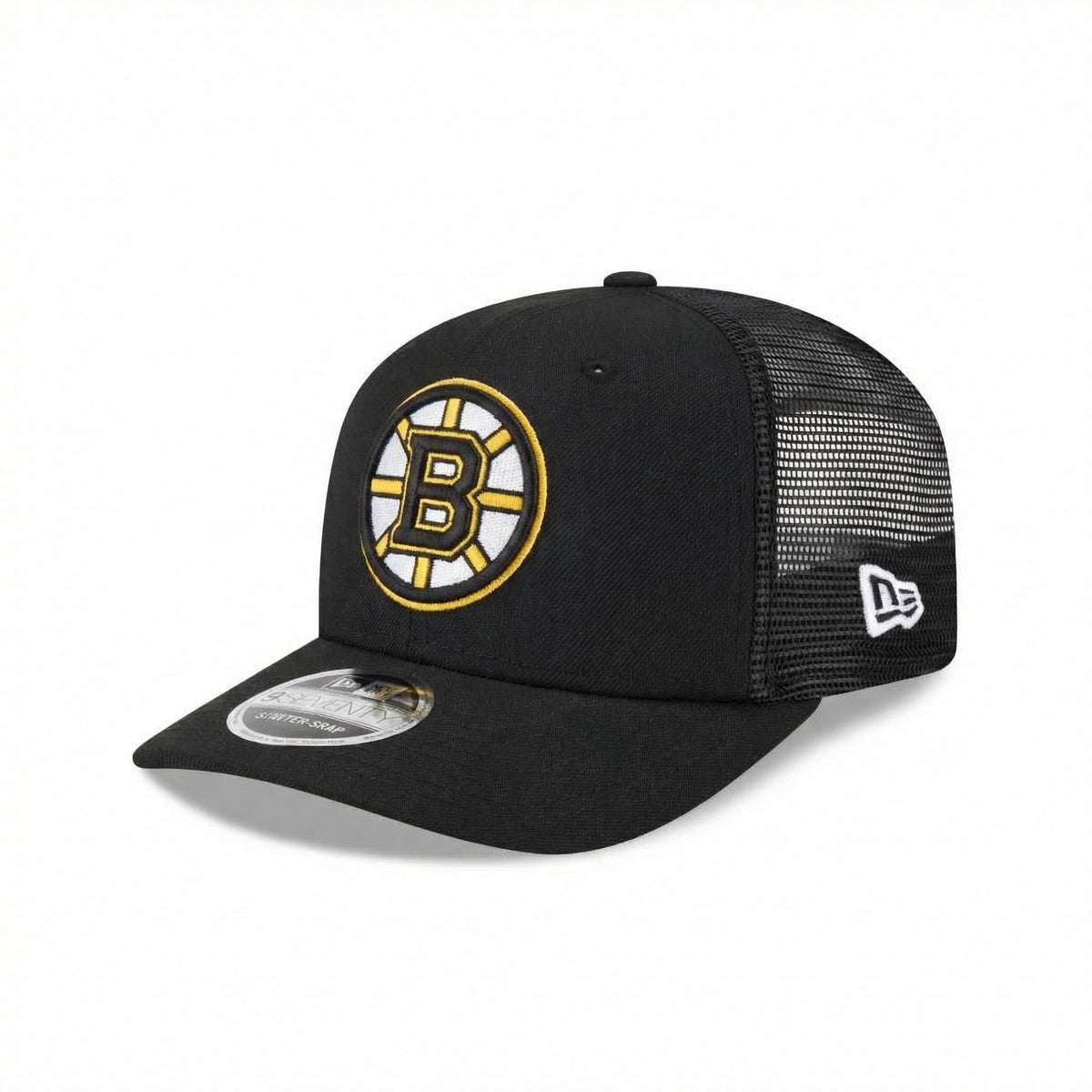 Schwarze New Era Boston Bruins 9SEVENTY Trucker Cap mit Stretch-Snap-Verschluss, sportliches Design, ideal für Fans