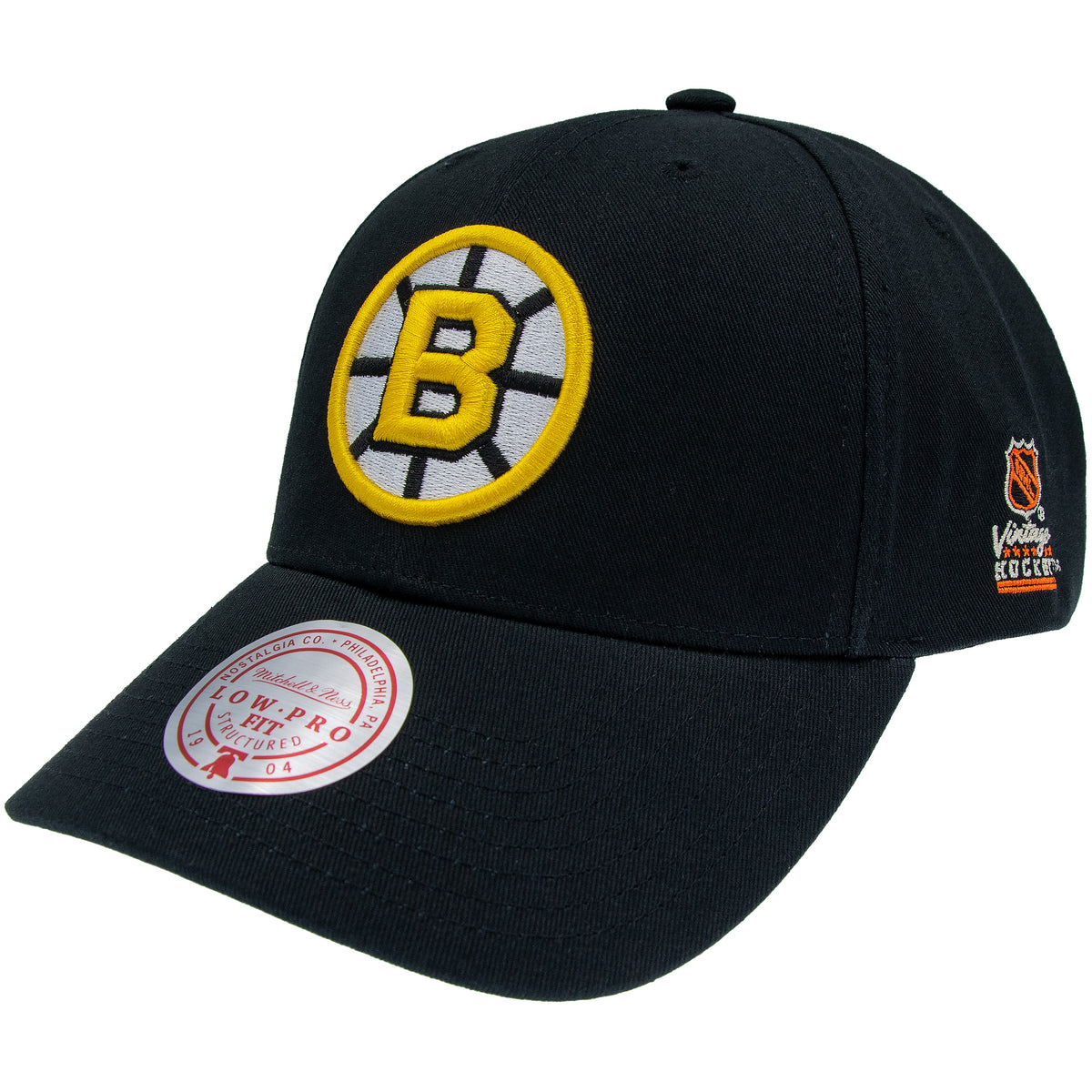 Schwarze Mitchell & Ness Boston Bruins NHL Cap mit Team-Logo, Low Pro Design, hochwertige Baseballcap, sportlicher Kopfbedeckung