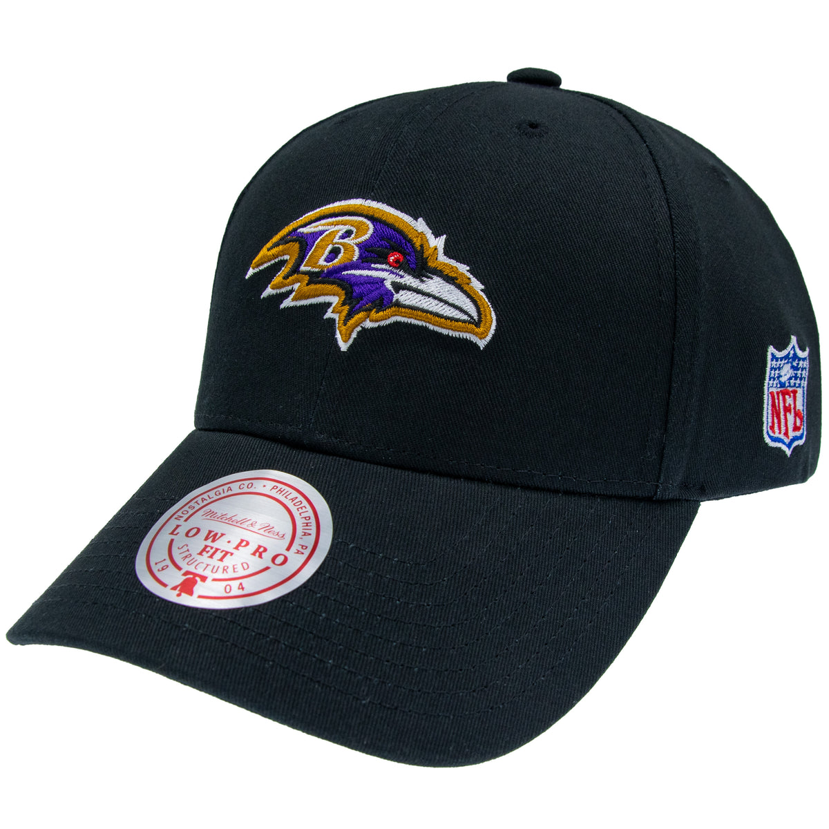 Schwarze Mitchell & Ness NFL Cap mit Baltimore Ravens Teamlogo, Low Pro Design, Baseball-Cap für Fans