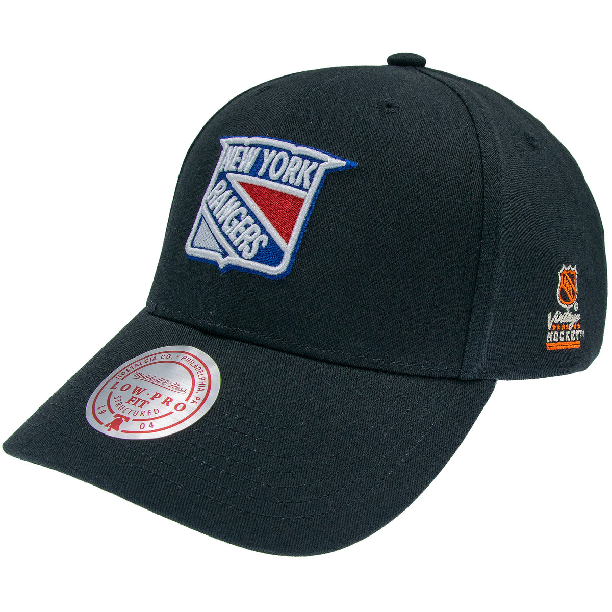 Schwarze Mitchell & Ness New York Rangers Team Logo Low Pro NHL Cap, sportliches Baseball-Cap mit Teamwappen.