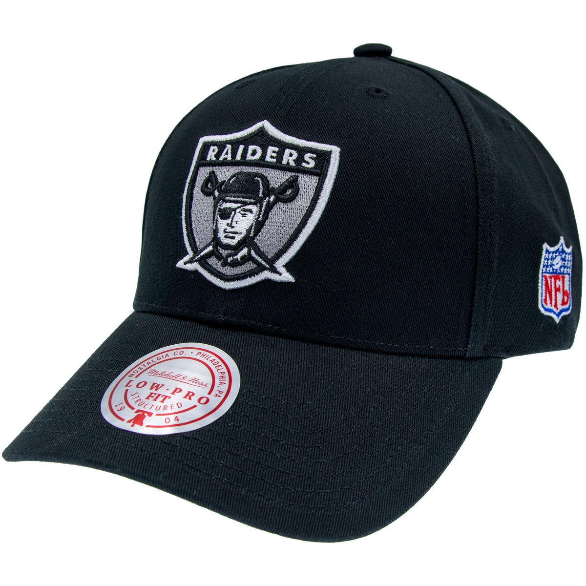 Schwarze Mitchell & Ness NFL Cap mit Las Vegas Raiders Teamlogo, Low Pro Design, Sports-Accessoire, Baseball-Cap