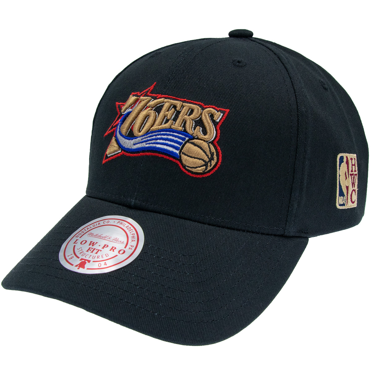 Schwarze Mitchell & Ness NBA Cap mit Philadelphia 76ers Team-Logo, niedrige Kragenschnitt, sportliches Design