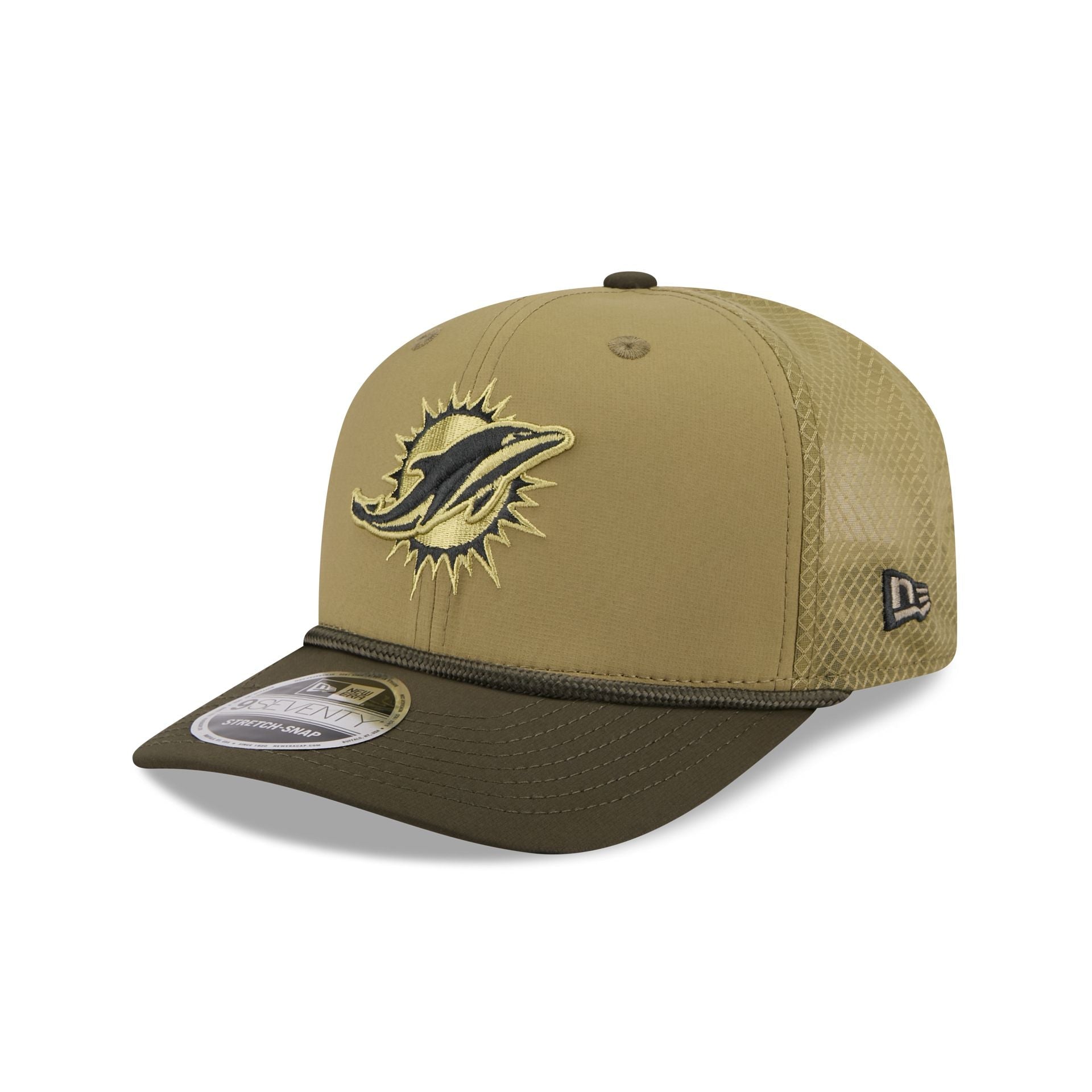 Miami Dolphins New Era 2025 NFL Salute to Service 9SEVENTY Trucker Cap Grün