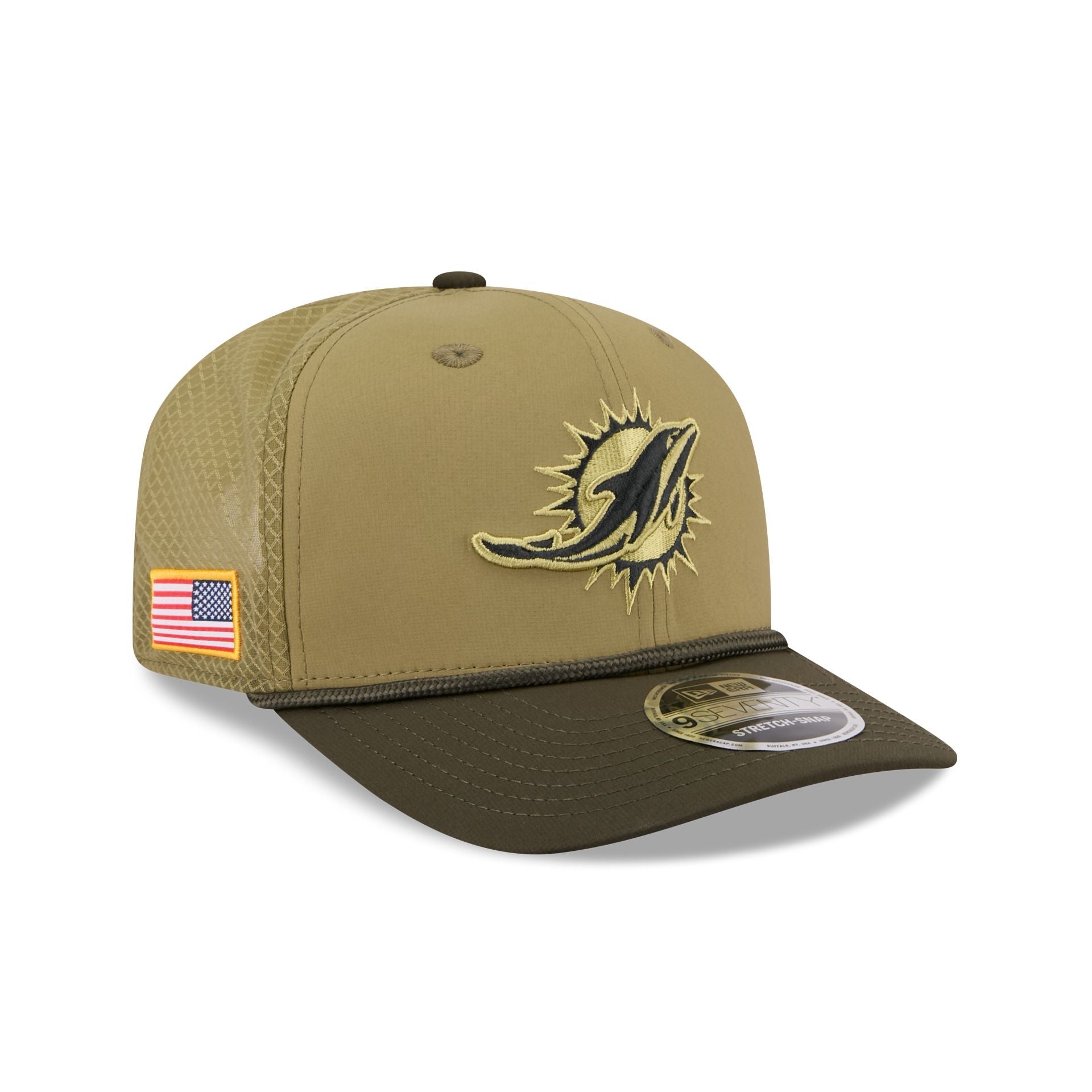 Miami Dolphins New Era 2025 NFL Salute to Service 9SEVENTY Trucker Cap Grün