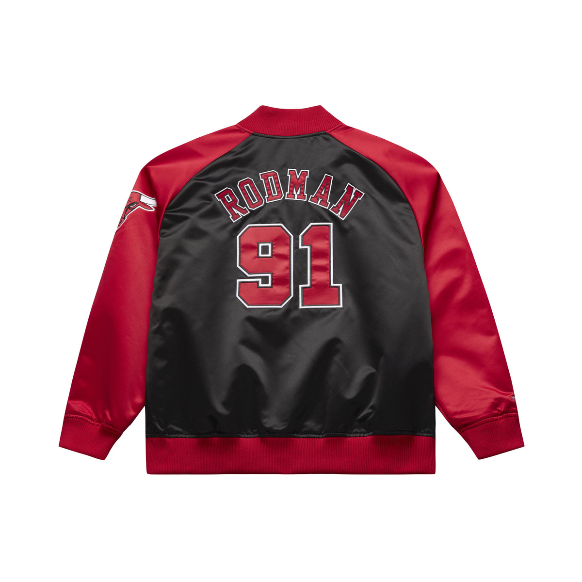 Leichte schwarze Mitchell & Ness NBA Jacke mit Dennis Rodman #91 Chicago Bulls, Satin-Design, sportlicher Stil, sichtbarer Reißverschluss.