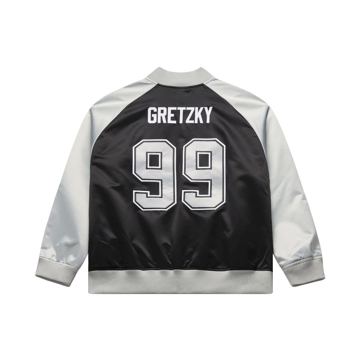 Leichte schwarze Satin-Jacke von Mitchell & Ness mit Wayne Gretzky #99 Los Angeles Kings NHL-Logo, sportliches Design.