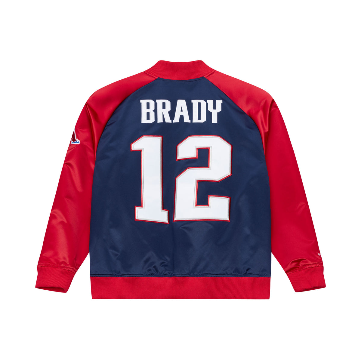 Leichte blaue Satin-Jacke mit Tom Brady #12 New England Patriots Logo, Mitchell & Ness NFL, bequem und stilvoll.