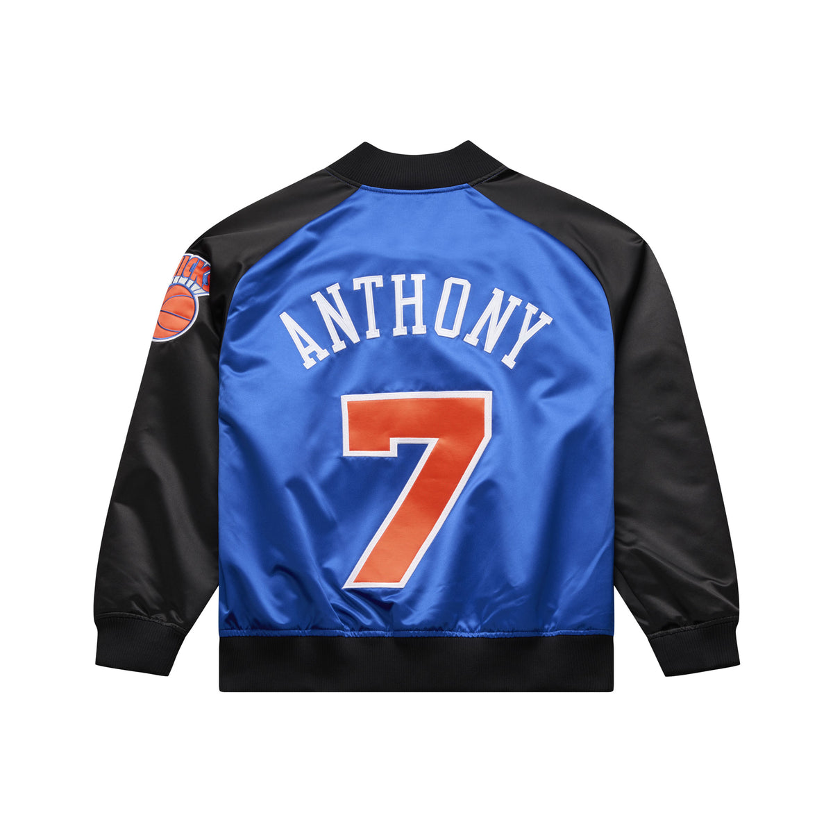Leichte blaue Mitchell & Ness Jacke mit Carmelo Anthony #7 New York Knicks NBA-Logo, Satinmaterial, sportliches Design