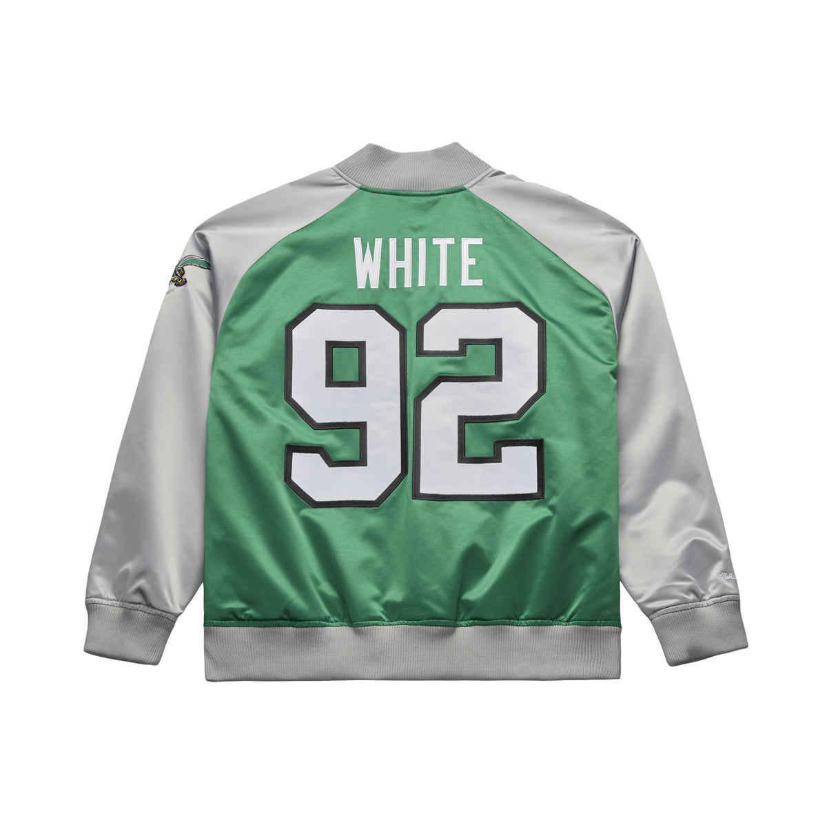 Leichte grüne Satin-Jacke von Mitchell & Ness mit Reggie White #92 Philadelphia Eagles NFL-Logo, sportlich und stilvoll.