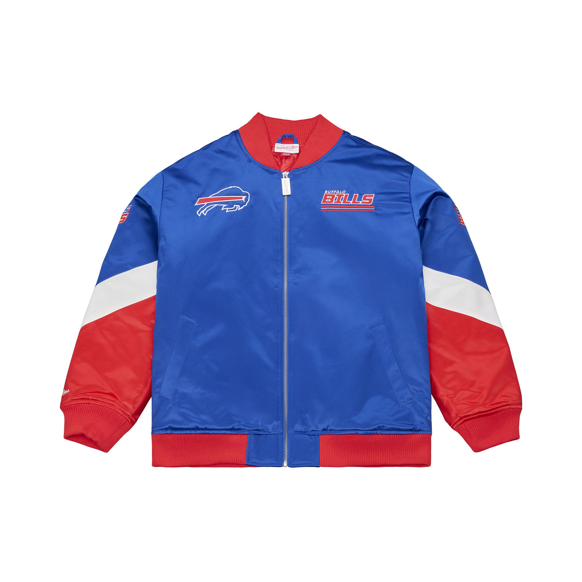 Blaue Mitchell & Ness NFL Triple Check Heavyweight Satin Jacke der Buffalo Bills, sportliches Design und weiches Material.