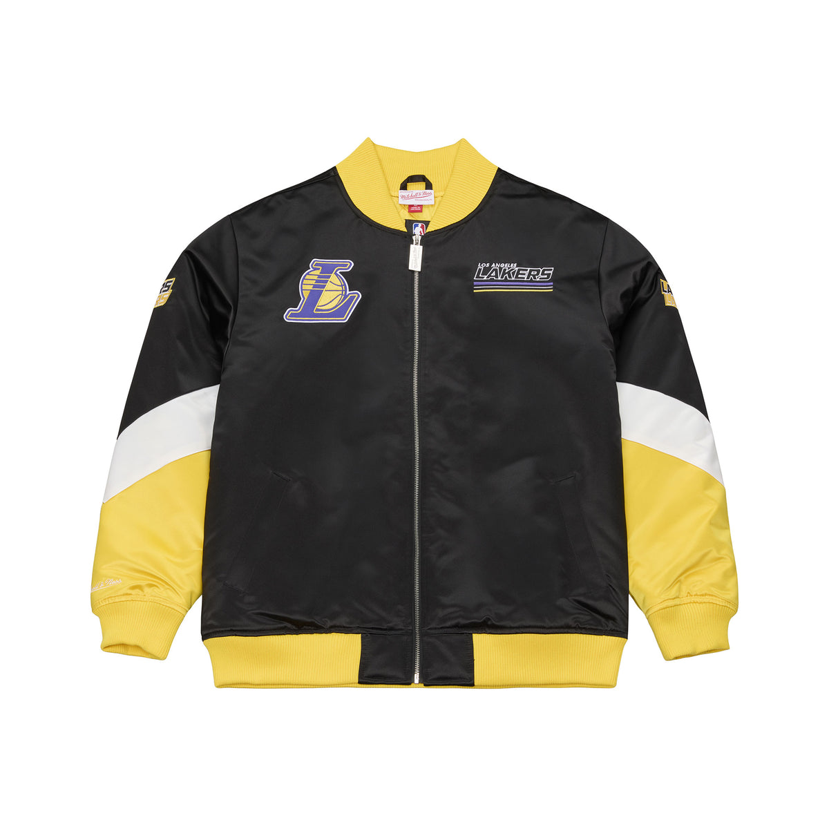 Schwarze Mitchell & Ness NBA Los Angeles Lakers Triple Check Heavyweight Satin Jacke, detailed mit Lakers-Logo und Check-Muster