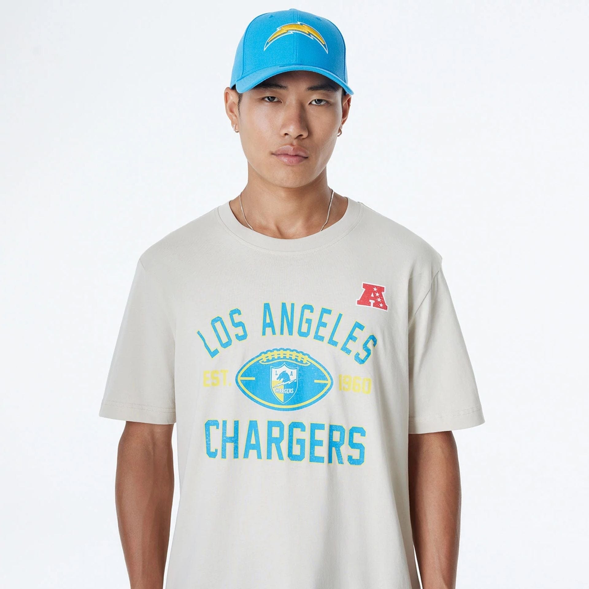 Los Angeles Chargers Historic 2024 New Era 3rd Down NFL T-Shirt Beige - STADIUMDREAMS