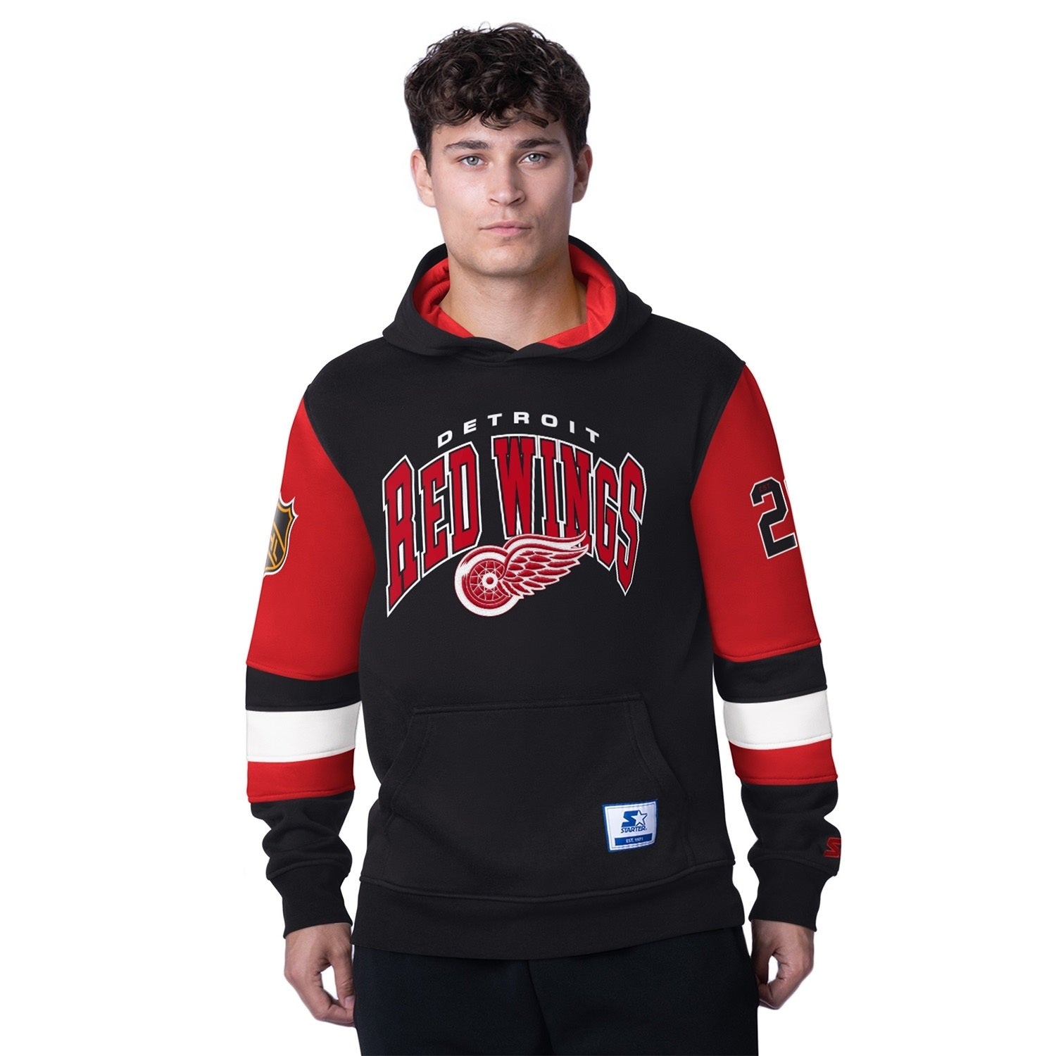 Detroit Red Wings Starter End Zone NHL Hoodie Premium Fleece Pullover Schwarz