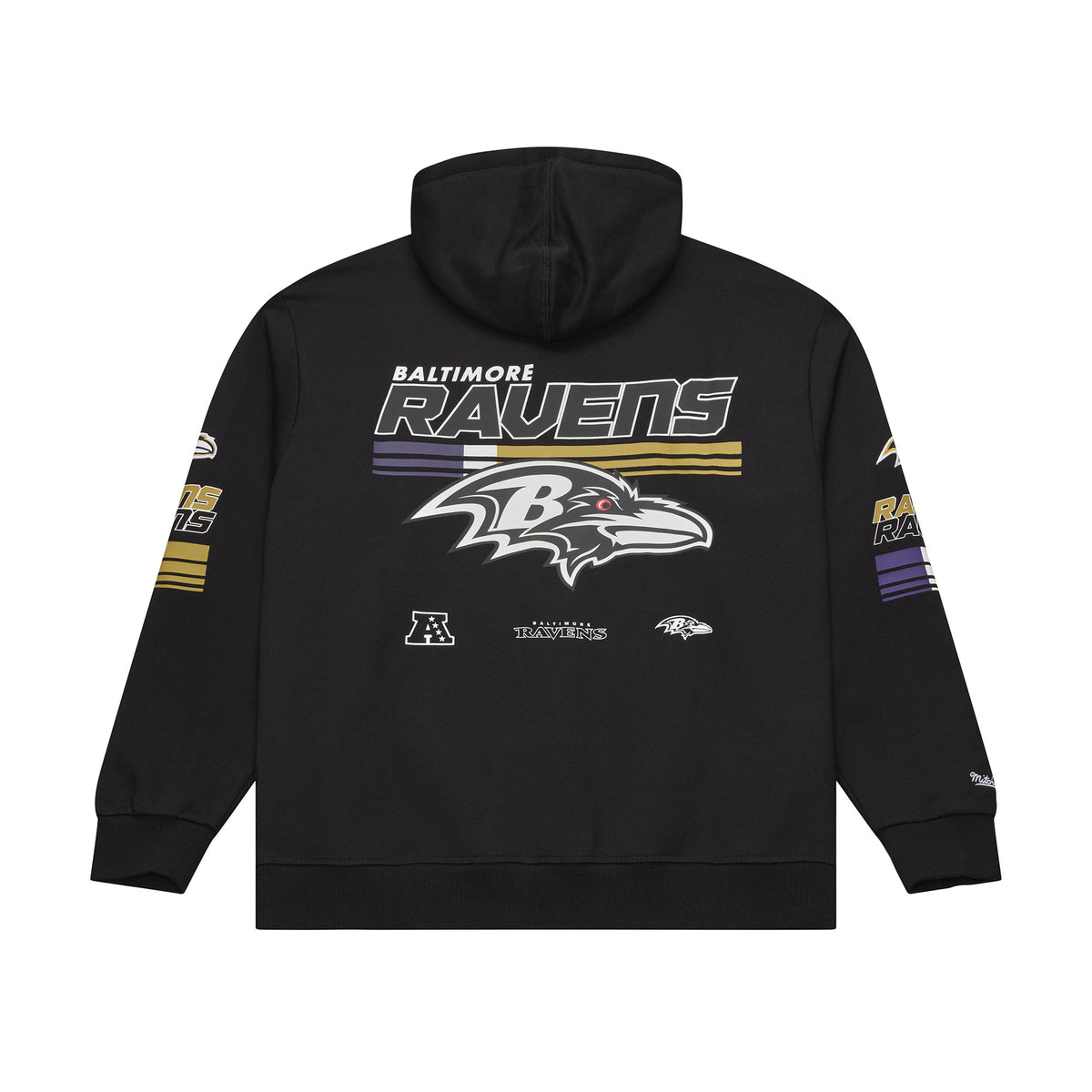 Schwarzer Mitchell & Ness Baltimore Ravens Triple Check NFL Fleece Hoodie, detailreiche Kapuzenpullover mit Team-Logo.