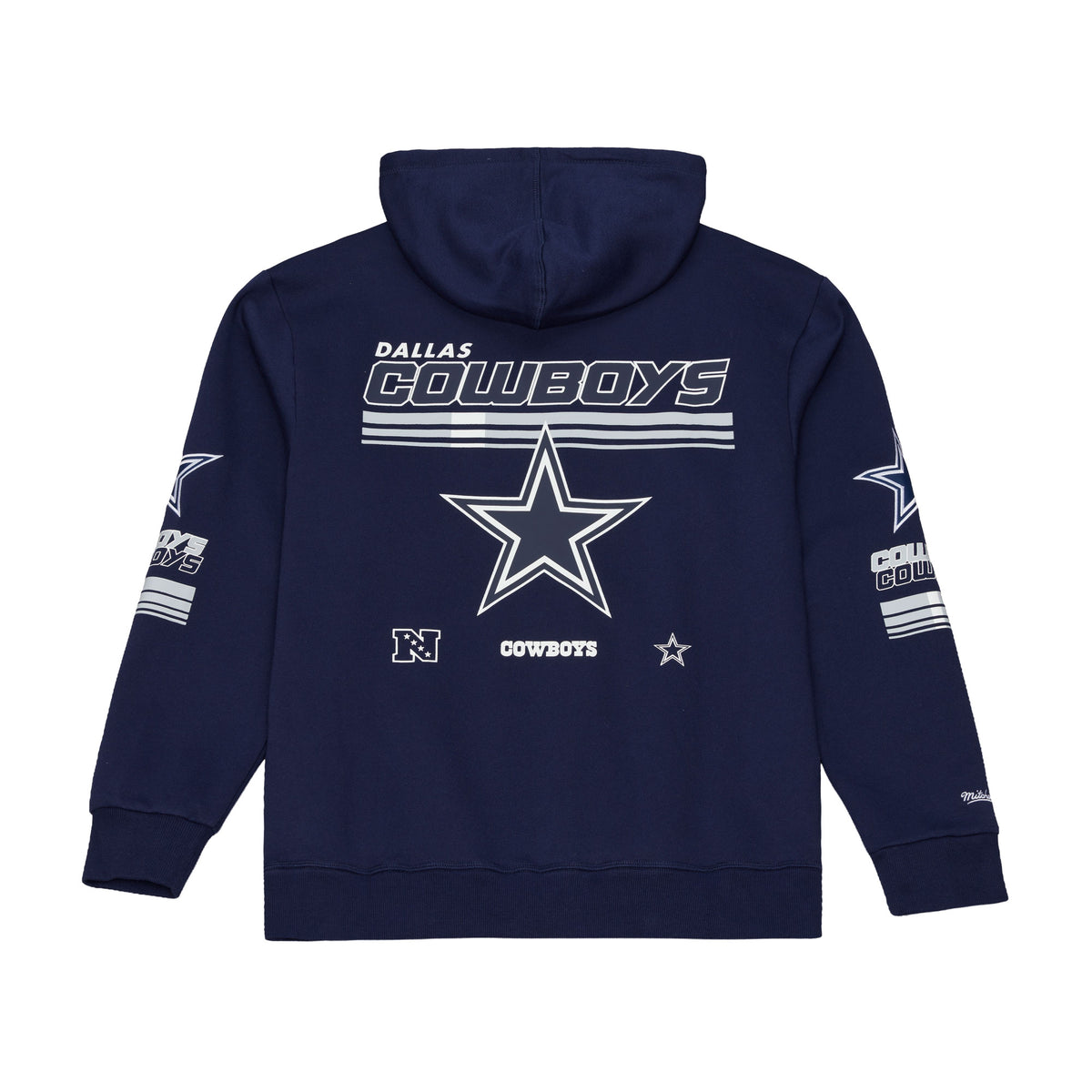Dunkelblauer Mitchell & Ness Hoodie mit Dallas Cowboys Triple Check NFL Fleece, weiche Kapuzenjacke mit Logo und Muster.