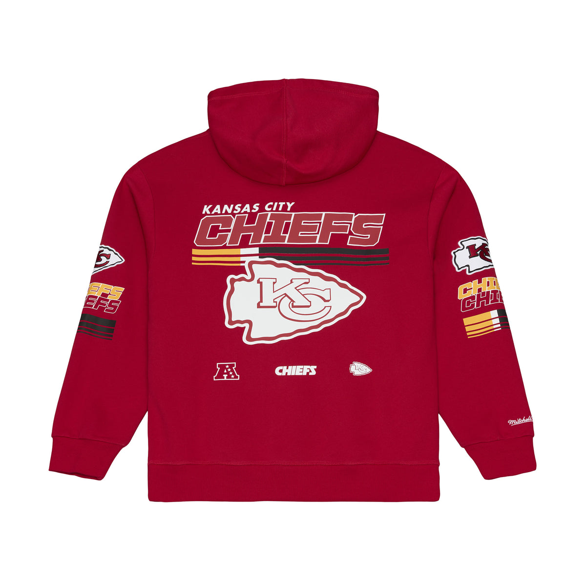 Rote Mitchell & Ness NFL Fleece-Hoodie mit Kansas City Chiefs Triple Check Muster, weiches Material und Kapuze.