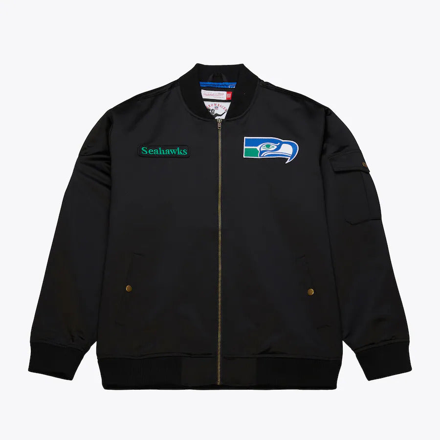 Seattle Seahawks Mitchell & Ness Team Leader Satin Bomber NFL Jacke Schwarz - STADIUMDREAMS
