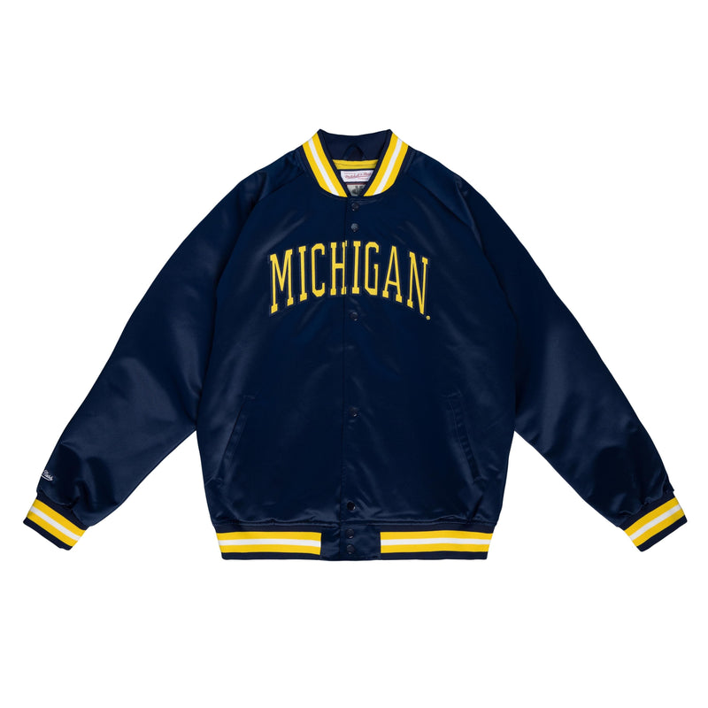 Michigan Wolverines Mitchell & Ness NCAA leichte Satin Jacke in Navy, sportliche Jacke aus glänzendem Satinstoff.